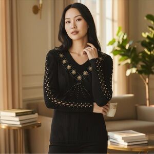 Black Sweater with Floral Embellishments size S NWOT